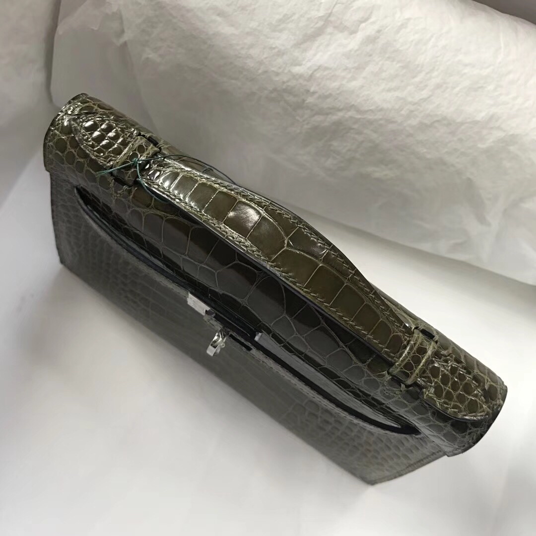 에르메스 미니 켈리백22 올리브그린 은장 샤이니 악어가죽